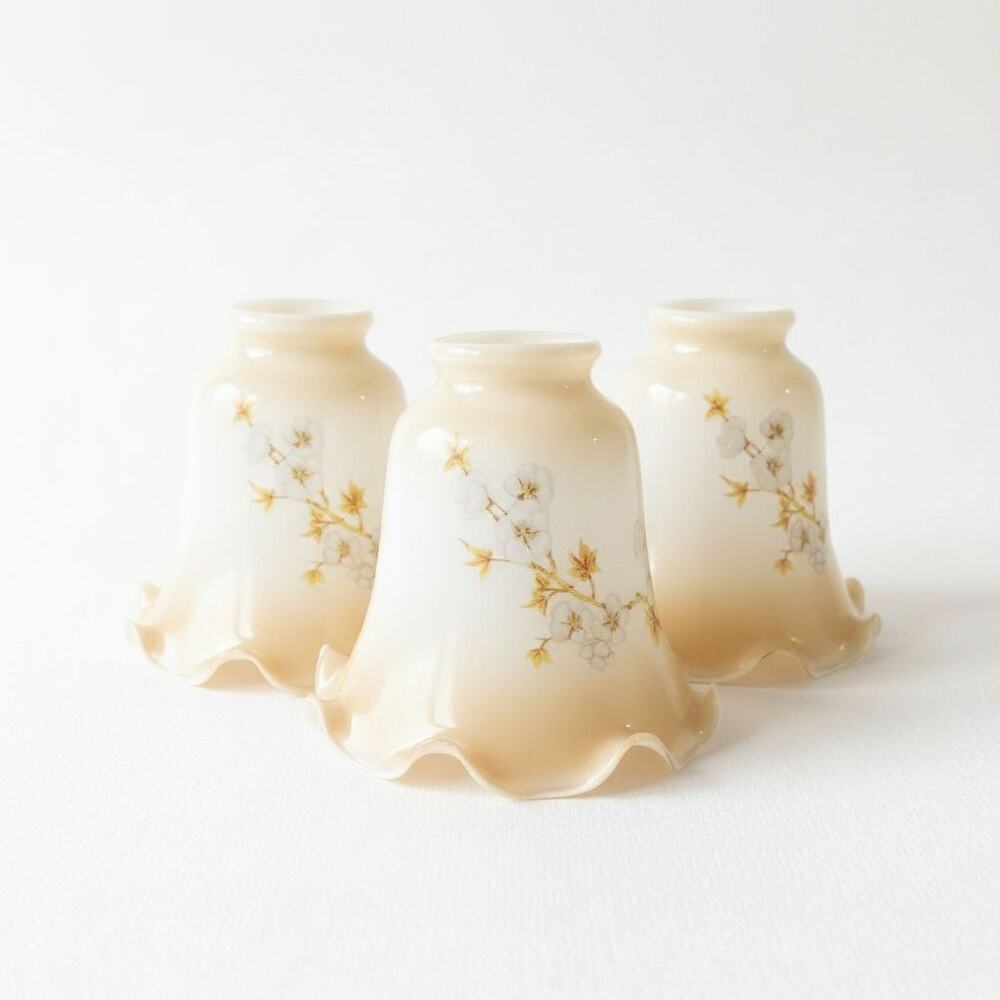 Vintage Glass Lamp Shades Set Of 4 Ruffled Bell Shape Floral Frosted